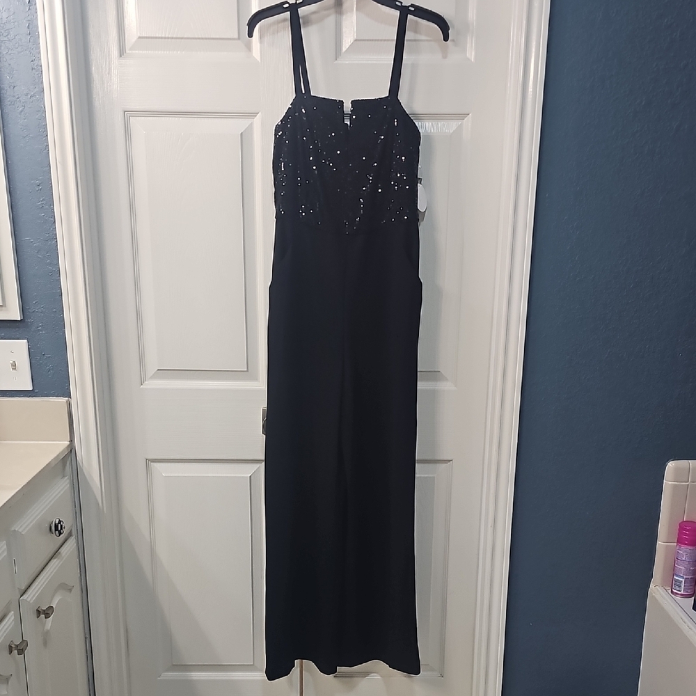 NWT Shelby Nites Black Sequin Bodice Wide Leg Pockets Jumpsuit Formal Size 10